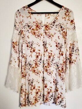 L Love Women's Small Cream Fall Print V-neck Pleated Long Sleeve Statement Tunic